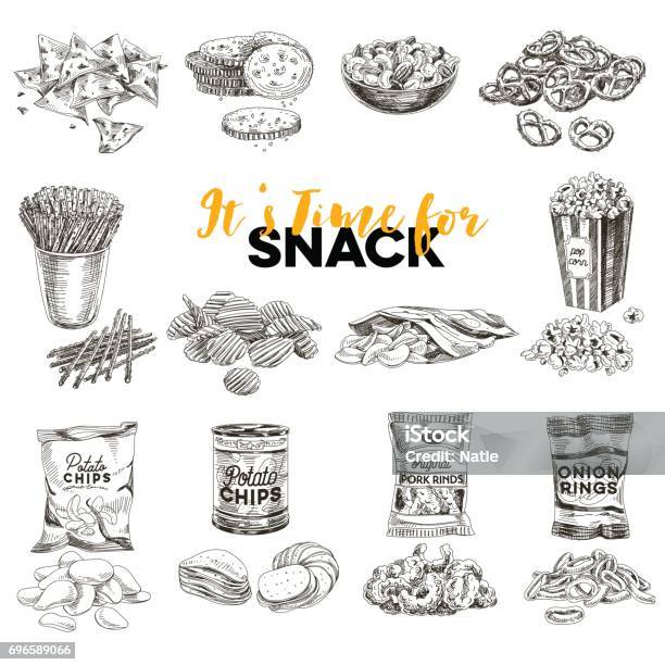 Vector Hand Drawn Illustration With Retro Snack Staff Stock Illustration - Download Image Now