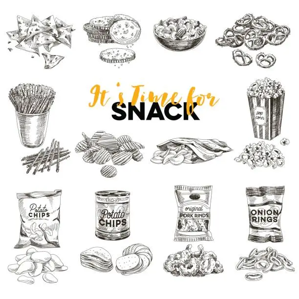 Vector illustration of Vector hand drawn Illustration with retro snack staff.