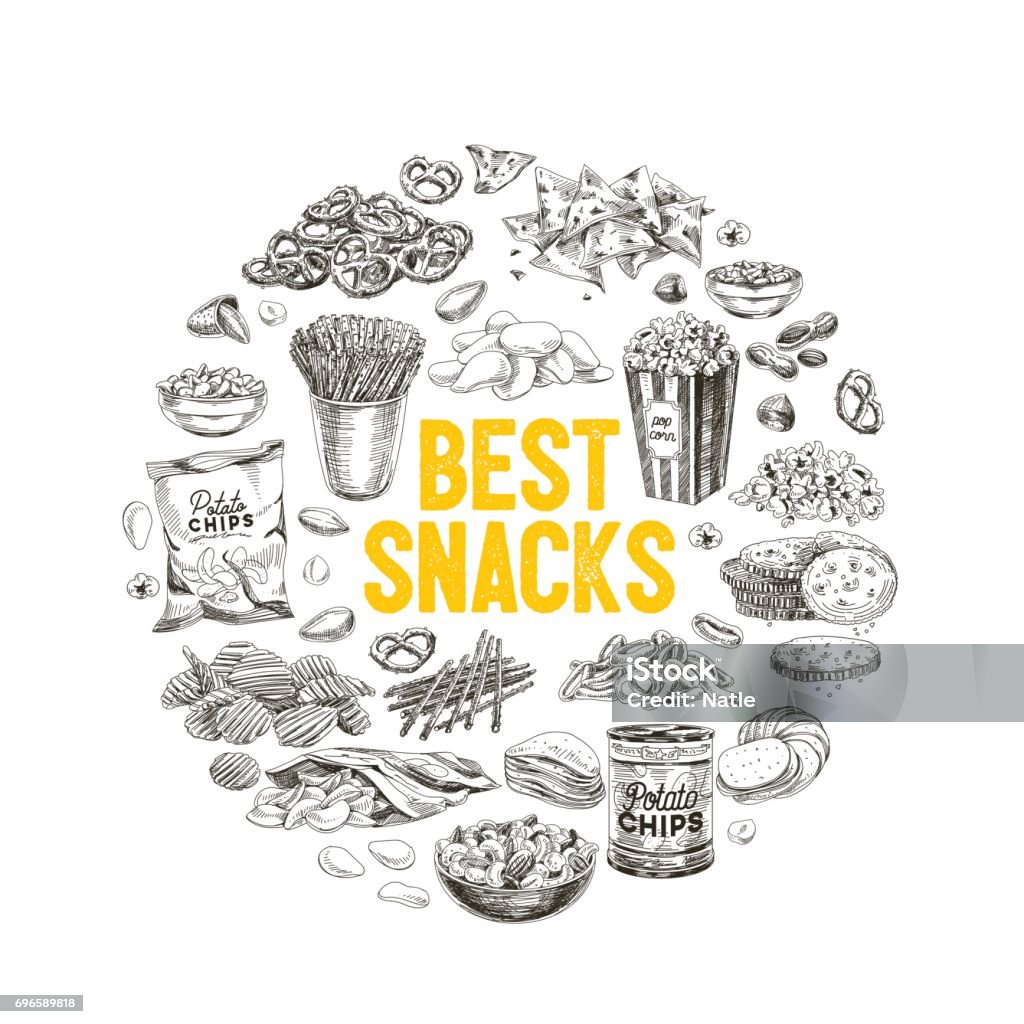 Vector hand drawn snack and junk food Illustration. Vector hand drawn snack and junk food Illustration. Vintage style sketch background. Snack stock vector