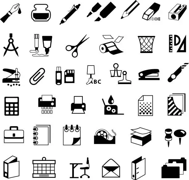 Vector illustration of Stationery and Office Supplies Black Icons