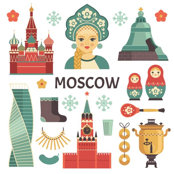 zestaw ikon moskwy. - moscow russia russia red square st basils cathedral stock illustrations