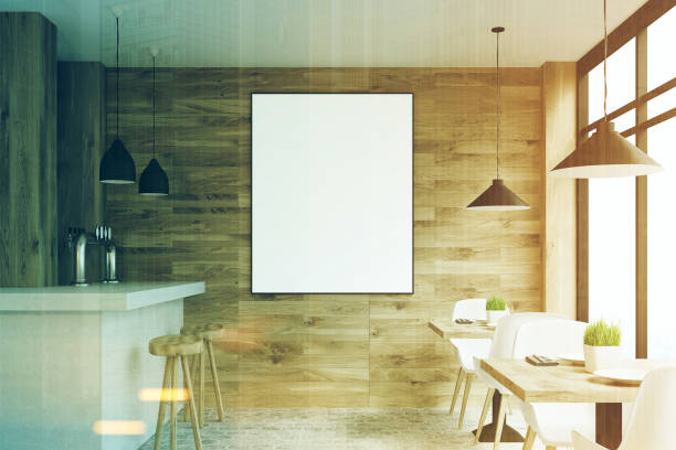 istock Light wooden bar, tables, poster toned 696606108