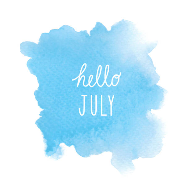 istock Hello July greeting with blue watercolor background 696608352