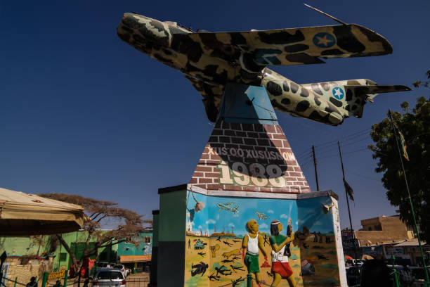 MIG aircraft monument in the center of Hargeisa- 09.01.2016 Somalilend, Somalia MIG aircraft monument in the center of Hargeisa - 09.01.2016 Somalilend, Somalia hargeysa photos stock pictures, royalty-free photos & images