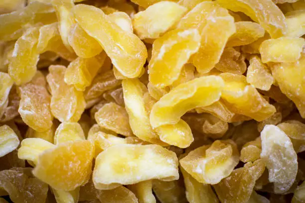 Pile of Dried and Candied Wild Apples Manzana Close Up Background. Healthy Eating.