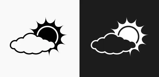 Vector illustration of Sun Behind a Cloud Icon on Black and White Vector Backgrounds