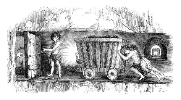 Steel engraving of children working at coal mine shaft England