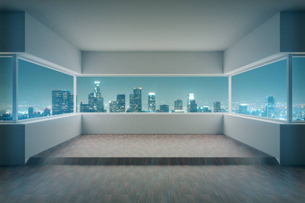 istock Futuristic interior with night city view 696620540