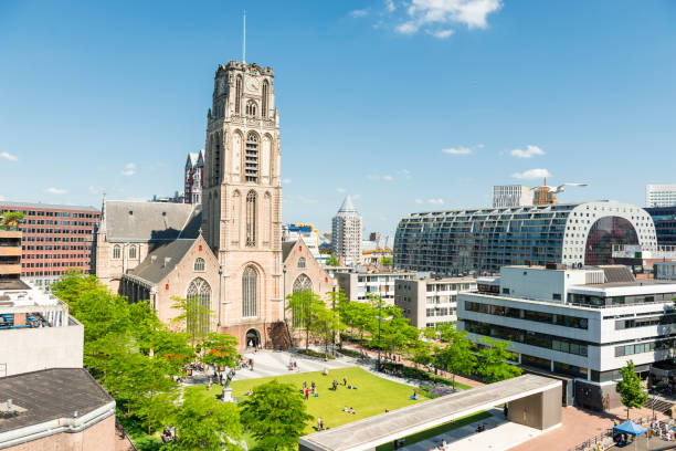 Horizontal aerial color image of the famous St. Laurens Church in downtown Rotterdam. Markthal in the background.