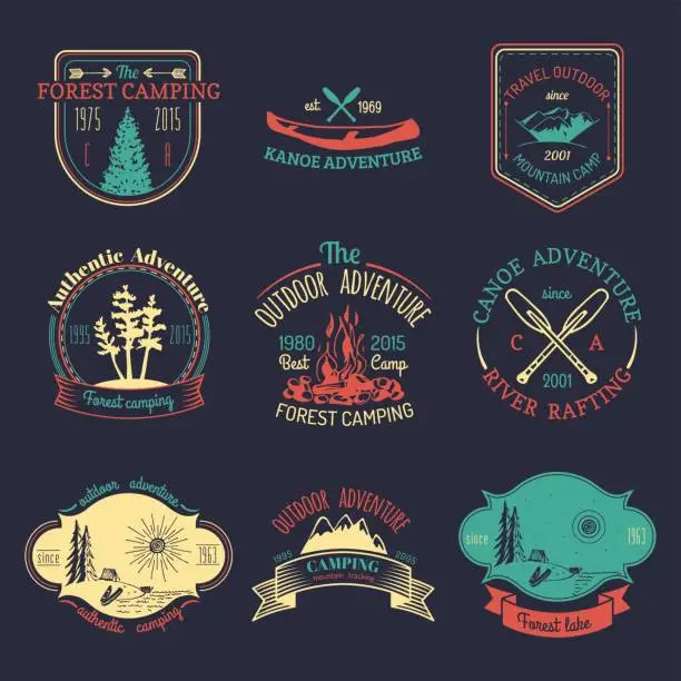 Vector illustration of Vector set of vintage camping badges. Retro signs collection of outdoor adventures. Tourist sketches for emblems.