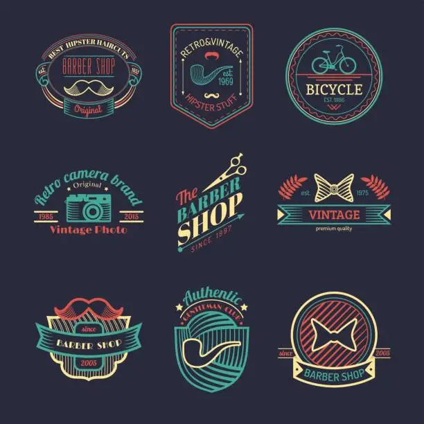 Vector illustration of Vector set of vintage hipster badges. Retro icons collection of bicycle, moustache, camera etc.
