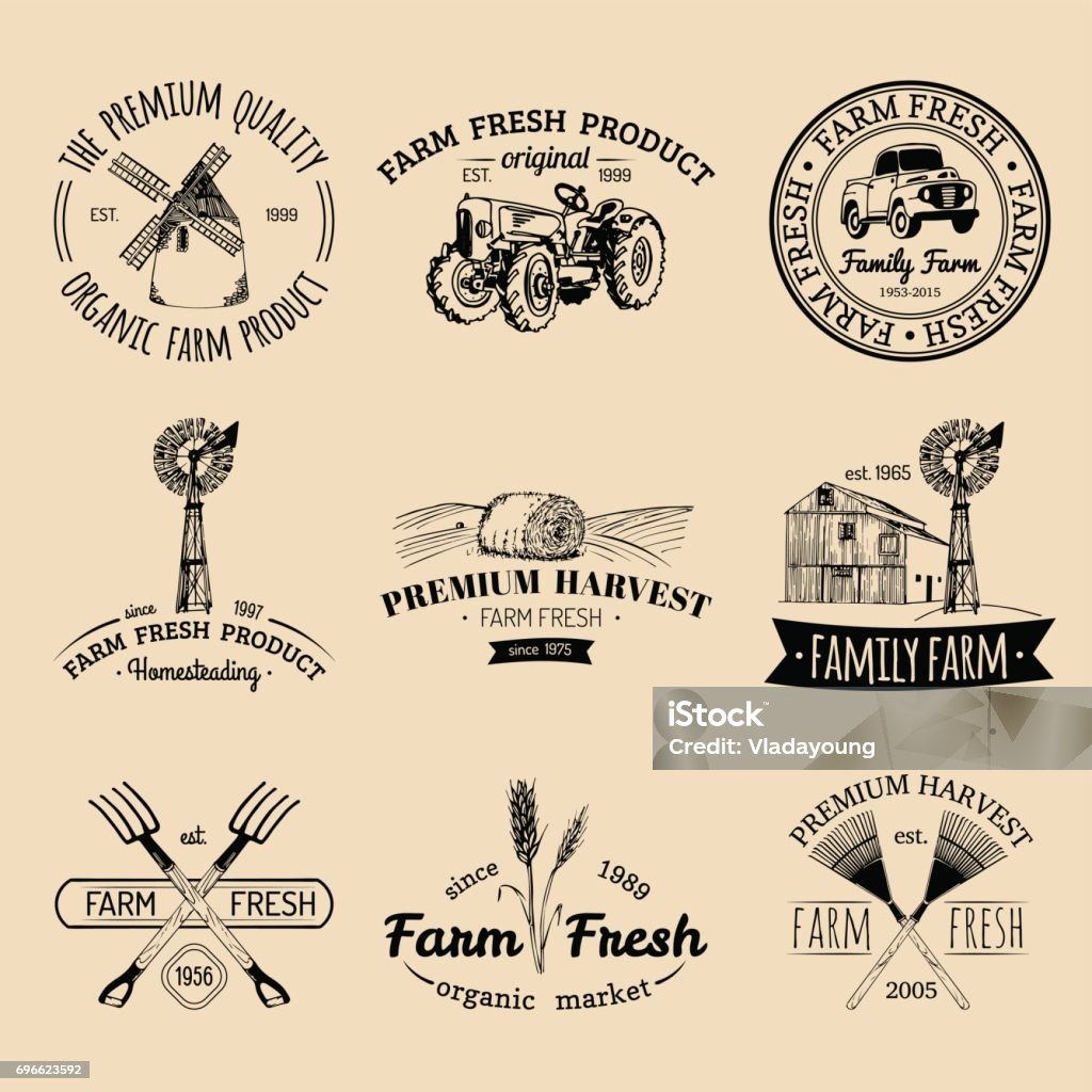 Vector retro set of farm fresh emblems. Organic products badges. Eco food signs.Sketched agricultural equipment icons. Vector retro set of farm fresh emblems. Organic bio products badges collection. Eco food signs. Vintage hand sketched agricultural equipment icons. Farm stock vector