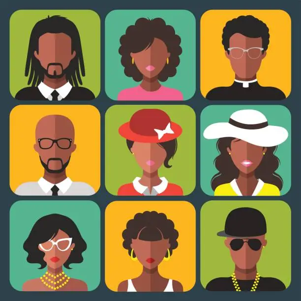 Vector illustration of Vector set of different african american women and man app icons in trendy flat style.