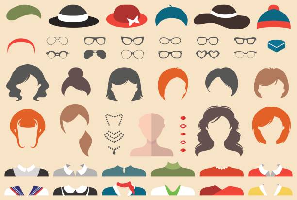 Big vector set of dress up constructor with different woman haircuts, glasses, lips, wear, jewellery in trendy flat style. Female faces icon creator.