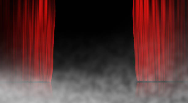 istock Red stage curtain with smoke background 696630612