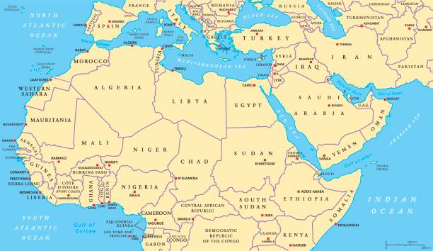 észak-afrika és a közel-kelet politikai térképe - kelet afrika témájú stock illusztrációk