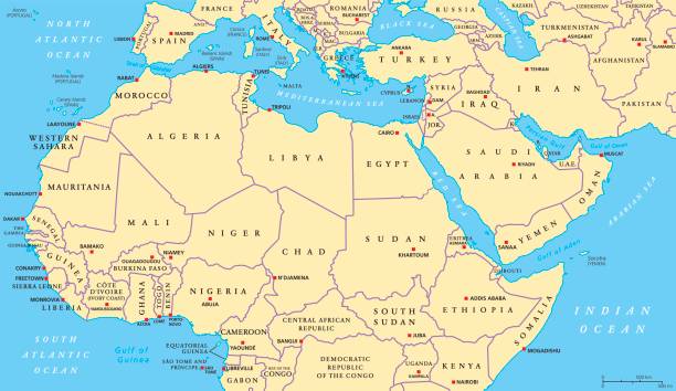mapa polityczna afryki północnej i bliskiego wschodu - śródziemnomorskie kraje stock illustrations