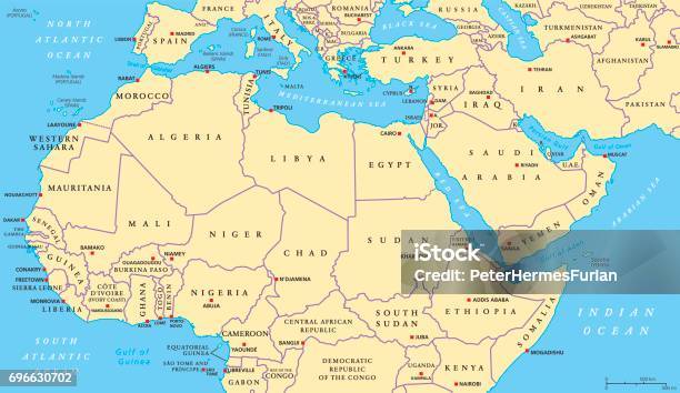 North Africa And Middle East Political Map Stock Illustration - Download Image Now - Map, Middle East, Red Sea