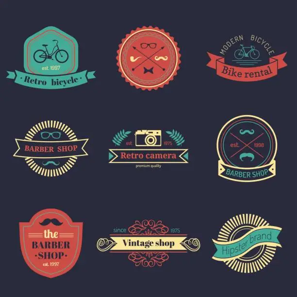 Vector illustration of Vector set of vintage hipster badges. Retro icons collection of bicycle, moustache, camera etc