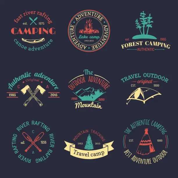 Vector illustration of Vector set of vintage camping badges. Retro signs collection of outdoor adventures. Tourist sketches for emblems.