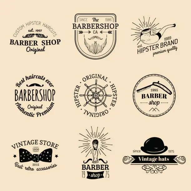 Vector illustration of Vector set of vintage hipster badges. Retro icons collection of bicycle, moustache, camera etc