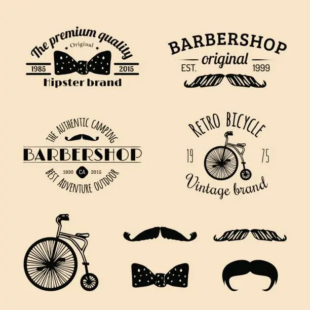 Vector illustration of Vector set of vintage hipster badges. Retro icons collection of bicycle, moustache, camera etc