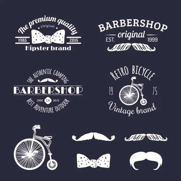 Vector illustration of Vector set of vintage hipster badges. Retro icons collection of bicycle, moustache, camera etc