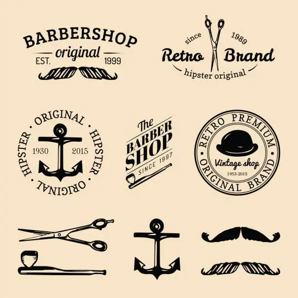 Vector illustration of Vector set of vintage hipster badges. Retro icons collection of bicycle, moustache, camera etc