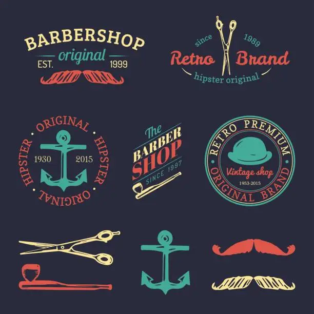 Vector illustration of Vector set of vintage hipster badges. Retro icons collection of bicycle, moustache, camera etc