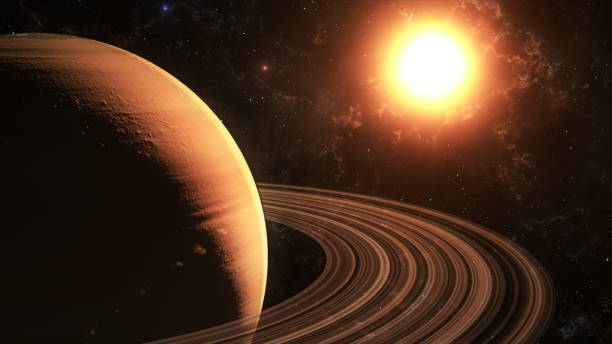 le soleil brille sur saturne en illustration 3d de haute qualité spatiale. - saturne planète photos et images de collection