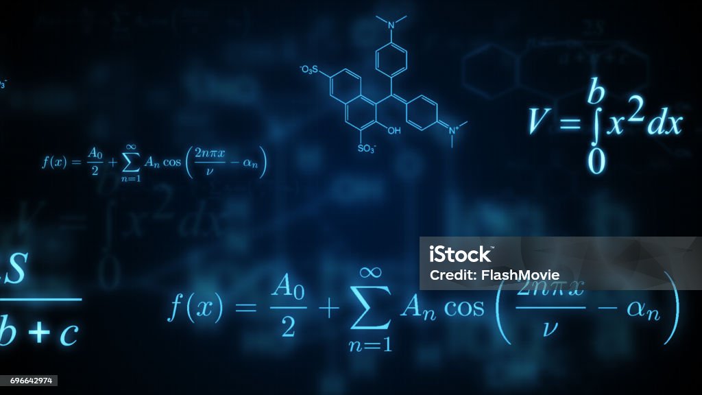 Glowing mathematical, physical and chemical formulas. Illustration Book Stock Photo