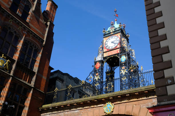 Eastgate Street clock, Chester, UK The Victorian clock on the Eastgate medieval town wall at Chester chester england stock pictures, royalty-free photos & images