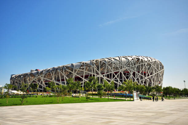 Exterior of Beijing National Olympic Stadium Beijing, China - September 21, 2009: Exterior of Beijing National Olympic Stadium also known as Bird's Nest.  It was designed as the main stadium of 2008 Beijing Olympic Games. beijing olympic stadium photos stock pictures, royalty-free photos & images