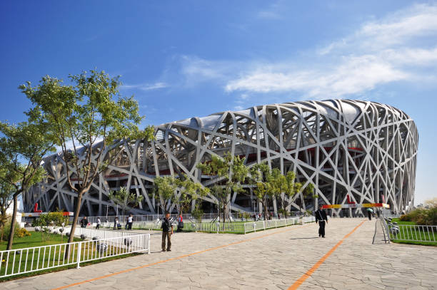 Exterior of Beijing National Olympic Stadium Beijing, China - September 21, 2009: Exterior of Beijing National Olympic Stadium also known as Bird's Nest.  It was designed as the main stadium of 2008 Beijing Olympic Games. beijing olympic stadium photos stock pictures, royalty-free photos & images