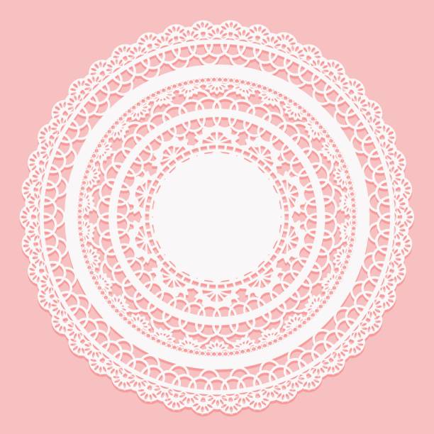 ilustrações de stock, clip art, desenhos animados e ícones de white lace napkin on a pink background. openwork round frame. - naperão