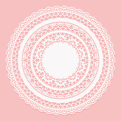 White lace napkin on a pink background. Openwork round frame. Vector illustration