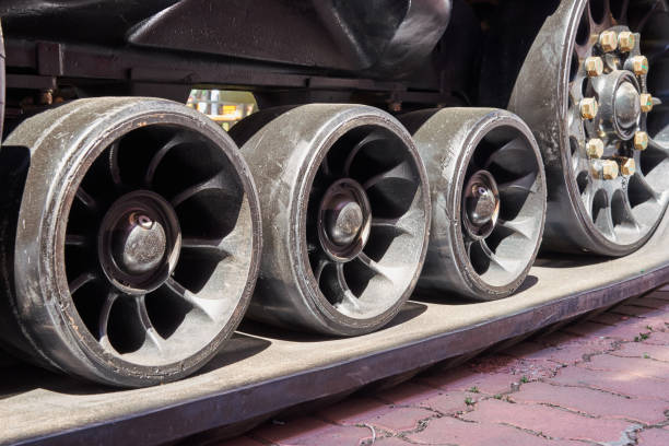 Fragment of a rubber track of a tractor with support rollers