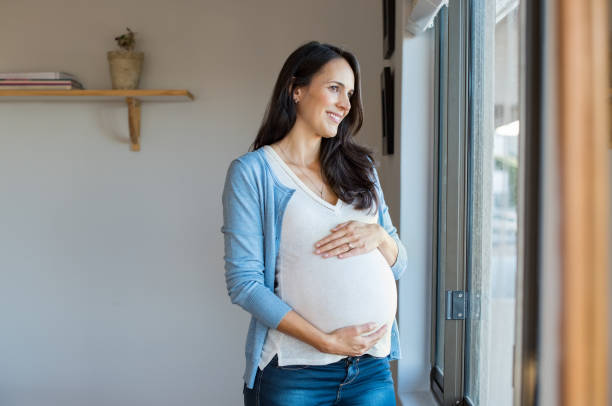 urocza kobieta w ciąży - window human pregnancy home interior women zdjęcia i obrazy z banku zdjęć