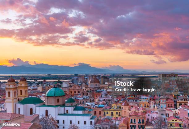 Sunset On Cagliari Evening Panorama Of The Old City Center In Sardinia Capital View On The Old Cathedral And Colored Houses In Traditional Style Italy Stock Photo - Download Image Now