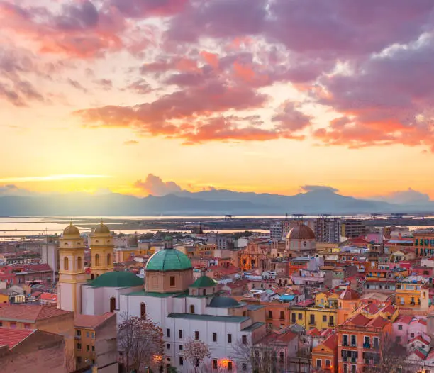 Cagliari skyline during the sunset, evening panorama of Sardinia capital, Italy.