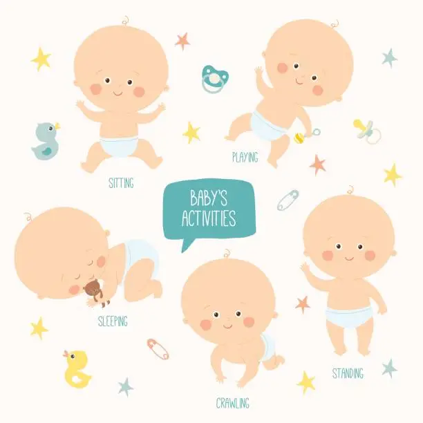 Vector illustration of Set with cute baby boys 0-12 months. Various poses. First year activities. Sleeping, sitting, playing, standing, crawling.