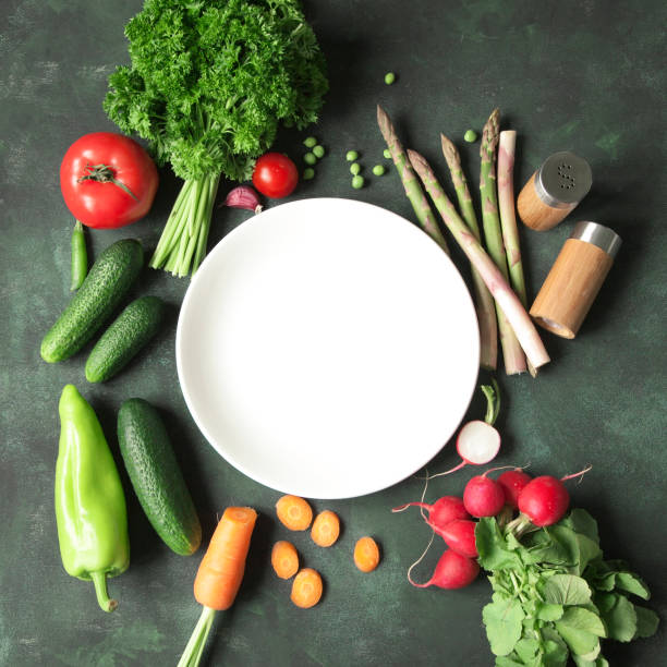 istock A white plate surrounded by variety of fresh raw vegetables on rustic dark green background. 696669810