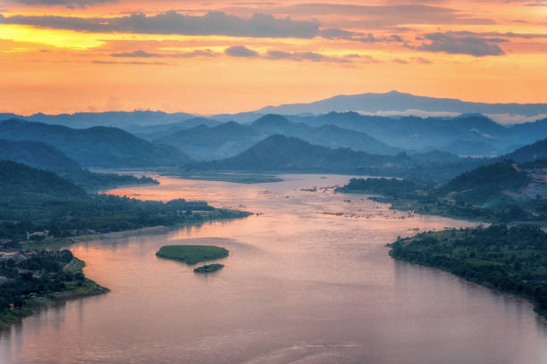 istock Sunset behind hill and Mekong river view at Nong Khai 696670042