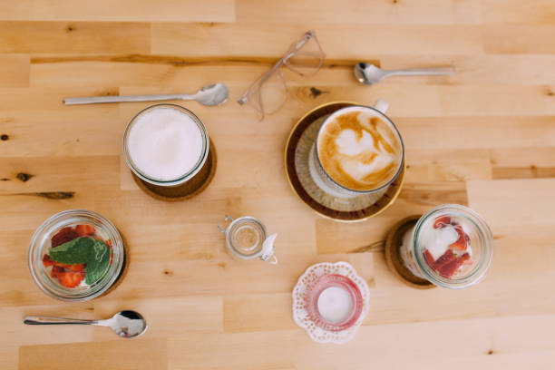 istock Healthy snack with cappuccino and latte macchiato 696677228