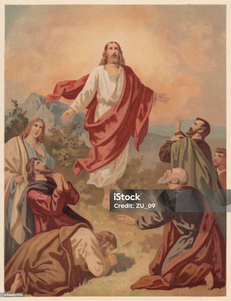 Ascension of Christ (Luke 24, 51), chromolithograph, published in 1886 Ascension of Christ (Luke 24, 51). Chromolithograph, published in 1886. Jesus Christ stock illustration