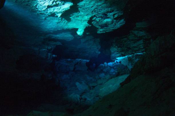 istock cavern tech sidemount diver going through small entrance in cave cenotes with flashlight viewing halocline salt and fresh water barrier 8 696693592