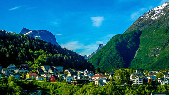 Andalsnes, Norway - June 05, 2014:View of Åndalsnes town centre, Rauma, Romsdalsfjorden, Møre og Romsdal, Vestlandet, Norway, Scandinavia, Europe