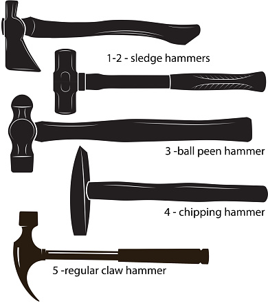 Different types of hammers:  sledge hammers, ball peen hammer, chipping hammer, regular claw hammer. Black and white images, silhouettes.