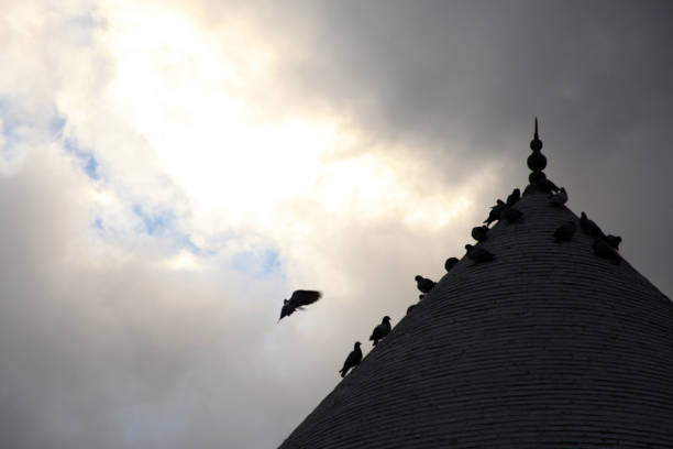 Damascus, Syria - June 16, 2010: At seven o'clock in the morning, people walk outside the Umayyad Mosque and the Roman-era remains of the Temple of Jupiter as pigeons take flight in Damascus, Syria.