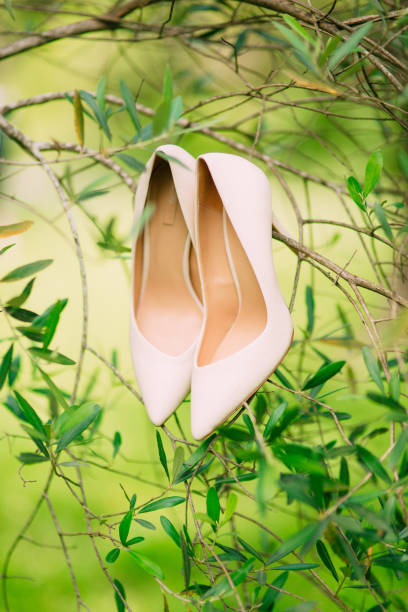 istock Light cream bride shoes hanging on a branch 696704726